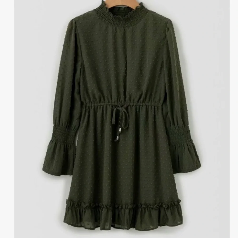 Mira Mock Neck Olive Tiered Mini Dress - Picture 6 of 6